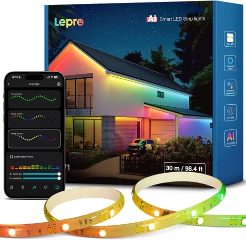 Vista 10 de Lepro SW1 AI - Tira de luces LED inteligentes para exteriores, tiras de luz RGBCW impermeables IP65 de 32.8 pies, 2700K-5700K blanco cálido