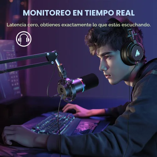 Vista 7 de MAONO XLR/USB - Micrófono dinámico para juegos RGB con software, silencio, perilla de ganancia, control de volumen y conector para auriculares