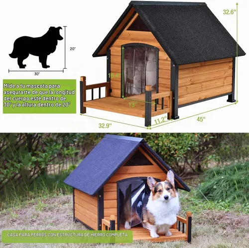 Vista 4 de Jaula de madera para perros para interiores y exteriores con marco de hierro antimasticación para perros pequeños, medianos y grandes, eleva