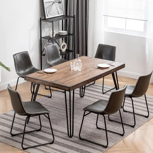 Vista 3 de Roundhill Furniture Aryven - Juego de comedor industrial de 7 piezas con mesa rústica de pino oscuro y 6 sillas de piel sintética, color gris