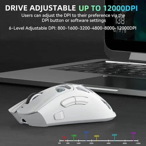 Vista 4 de Aula SC620 - Ratón inalámbrico para juegos, triple modo de 2.4 GHz/USB-C/BT5.3 con 12000 DPI, mouse macro gamer programable con llave de fuego Blanco