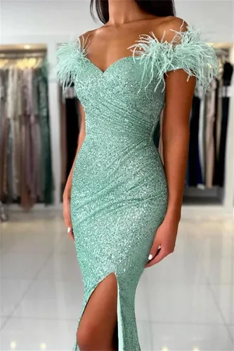 Vista 4 de Vestido de fiesta de lentejuelas de sirena con plumas y hombros descubiertos, vestidos de noche brillantes, vestidos de noche largos y formales