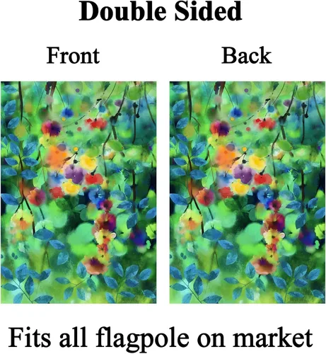 Vista 2 de Bandera abstracta de acuarela de primavera con hojas florales verdes de temporada, flores, naturaleza, jardín, patio, 12 x 18 pulgadas, poliéster