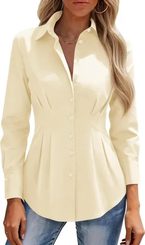 Vista 11 de siliteelon Camisas con botones para mujer, cintura ceñida, camisa de vestir de algodón de manga larga para negocios, casual, trabajo, oficina
