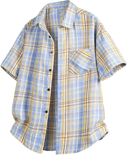Vista 4 de Men's Casual Plaid Button Down Shirt Short Sleeve Gingham Dress Shirts Regular Fit Tee Work Tops with Pocket