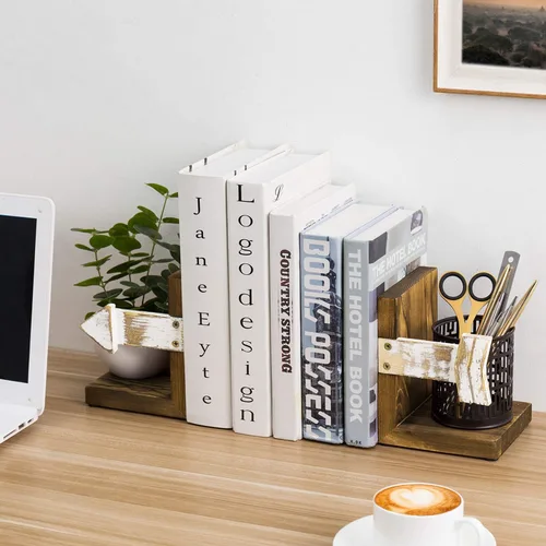 Vista 3 de MyGift Sujetalibros de granja, cocina rústica con extremos de libros, soportes de soporte de mesa bohemios, diseño de flecha blanqueada y madera