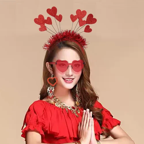 Vista 3 de DONCIDAY Conjunto de accesorios para el día de San Valentín con diadema con forma de corazón rojo y lentejuelas
