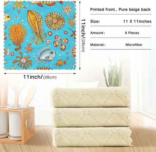 Vista 3 de Retro Sea Fish Cuttlefish Blue Absorbent bar Towels Tea Towel Set Terry Dish Cloths for Kitchen Print Camping Soft Martillo para cocina 11x11in 6