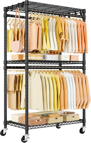Vista 9 de ULIFHOME P5 Plus - Perchero resistente para colgar ropa, perchero de metal con ruedas, estante portátil de 3 niveles para armario de 45 pulgadas