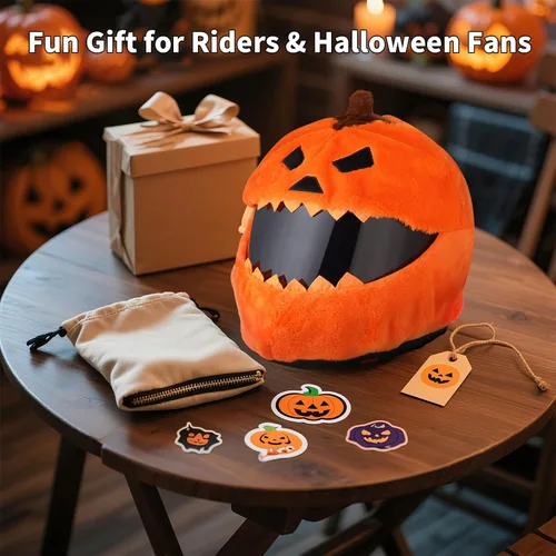 Vista 8 de VCOROS Cubierta de casco de motocicleta de calabaza de Halloween, cubierta de casco de cara completa esponjosa para paseos divertidos