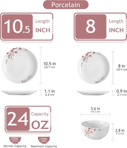 Vista 2 de VEWEET juego de vajilla de porcelana para 4, juego de 12 piezas con platos y cuencos con diseño floral rosa, juego de platos para la cocina ideal