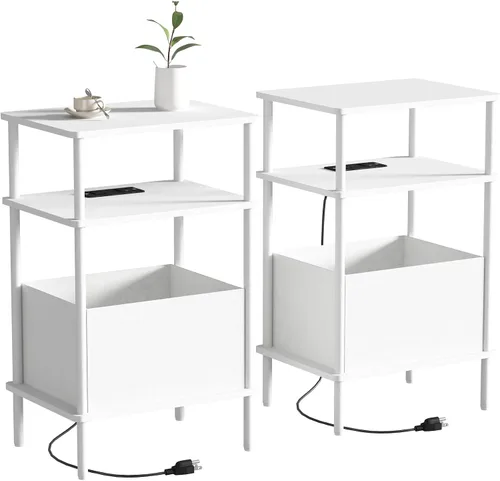 Vista 10 de Mesa auxiliar pequeña con estación de carga, mesa auxiliar para espacios pequeños, mesita de noche delgada con tomacorriente, sofá junto a la mesa