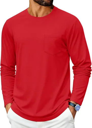 Vista 8 de Cotrasen Camisetas de manga larga para hombre de algodón con cuello redondo, camisetas T con bolsillo que absorben la humedad, suaves, cómodas