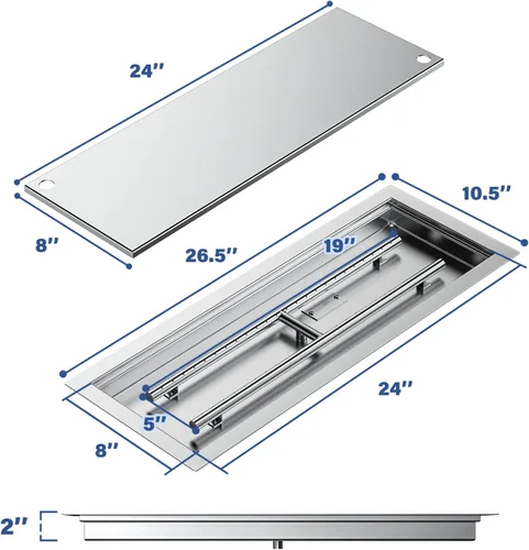Vista 2 de Skyflame - Sartén y quemador de acero inoxidable rectangular para fogata con cubierta del quemador, área de combustión de 24 por 8 pulgadas