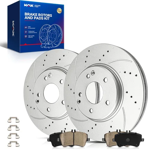 Vista 52 de Kit de freno delantero KAX, rotores de freno ranurados y con hendiduras, pastillas de freno cerámicas Compatible con Honda Accord 1990 1991 1992