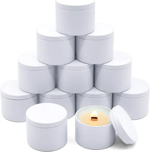 Vista 19 de Paquete de 12 tarros de velas, latas de velas de 4 onzas con tapas de impresión de grano de madera de metal, tarros de velas de metal vacíos
