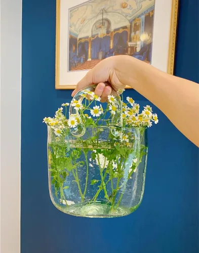 Vista 3 de DUEBEL Jarrones de vidrio para peces, florero hecho a mano con burbujas para decoración de bodas en el hogar, florero transparente con forma de bolso