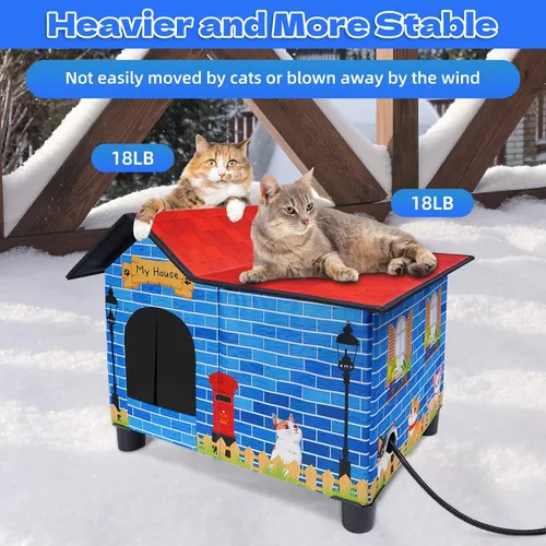Vista 6 de Casa Grande con Calefacción para Gatos de Exterior, Casa Elevada para Gatos al Aire Libre Resistente a la Intemperie con Almohadilla Térmica