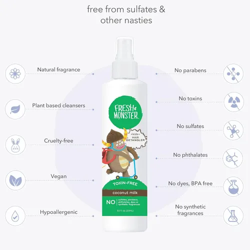 Vista 4 de Fresh Monster Spray desenredante para niños, sin toxinas, hipoalergénico y natural, spray acondicionador para el cabello para niños, coco