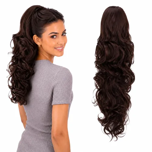 Vista 32 de CAISHA Extensiones de cola de caballo de 18 pulgadas, voluminosas, onduladas, marrón ceniza, mezcla de rubio claro PH35