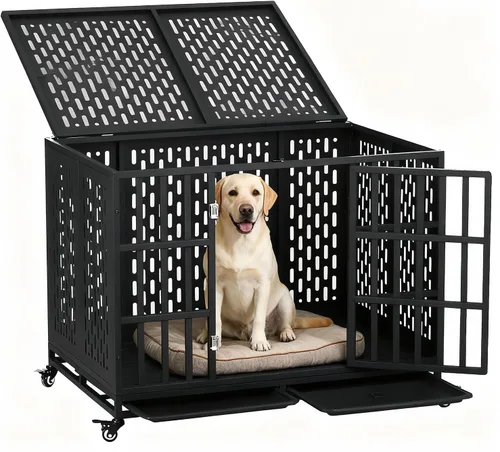 Vista 6 de Jaula resistente de 44 pulgadas para perros con ruedas, de acero indestructible a prueba de escapes, para perros de alta ansiedad, grandes