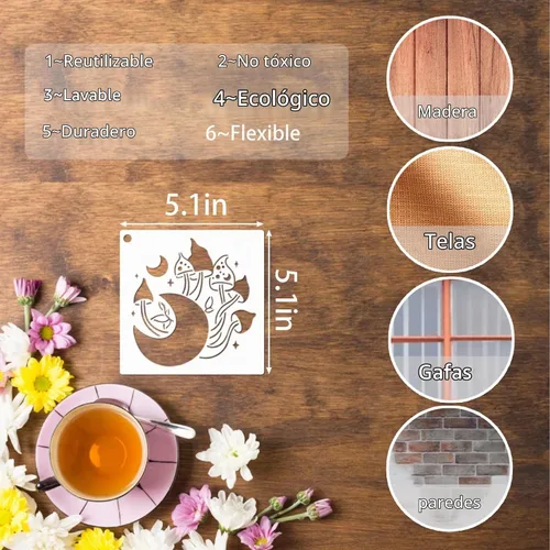 Vista 7 de 20 piezas de plantillas de hongos, plantillas reutilizables de hongos de estilo bohemio, luna y flores para pintar en madera, lienzo, azulejos