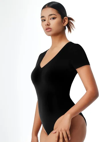 Vista 2 de ALGALAROUND Body de manga corta con cuello en V para mujer, camiseta básica de doble capa