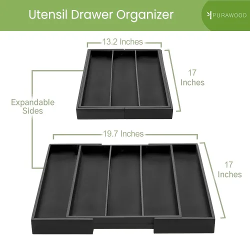 Vista 2 de Organizador de Cajón de Cocina Purawood - Organizador de Utensilios Extensible para Cocina, Bandeja de Cuchillos y Organizador de Cubiertos, 3-5