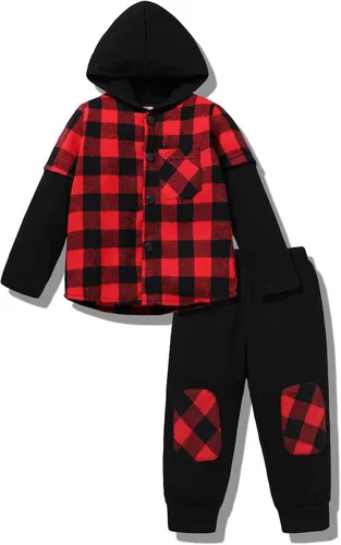 Vista 8 de YOUNGER TREE Conjunto de sudadera con capucha para niños pequeños, conjunto de camisa de franela a cuadros para otoño, invierno y primavera