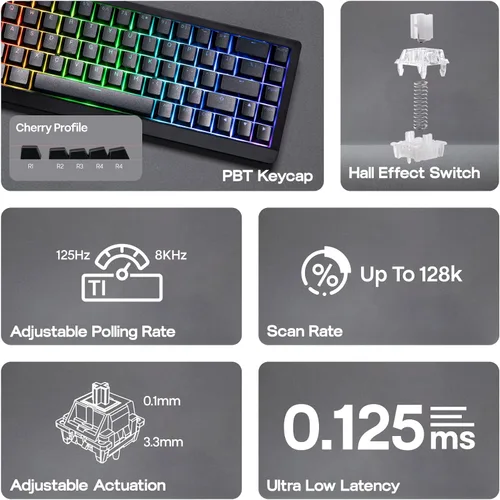 Vista 3 de EPOMAKER HE68 Lite Hall Effect Gaming Keyboard, 8k Polling & 128K Scan Rate, 0.005mm Adjustable Trigger, 0.125ms Latency, 5-Layer Sound-Dampened
