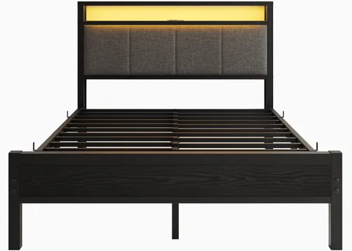 Vista 7 de Base de cama de tamaño matrimonial con estantes de almacenamiento, cabecera tapizada, color gris LED Lights Charging Station,Heavy Duty Metal Bed