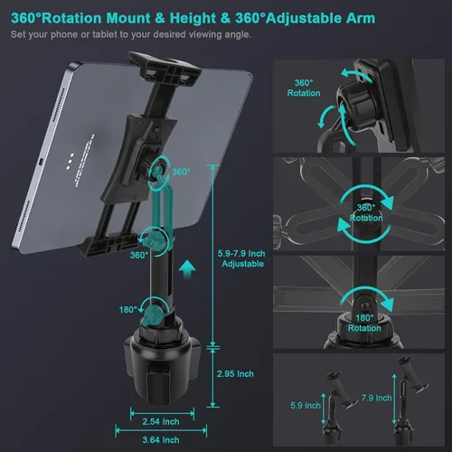 Vista 5 de Cup Holder Car Tablet Mount, Universal 360° Rotation Adjustable Long Arm Holder Stand for iPad Pro 12.9/11/10.5/9.7/Air/Mini 6/5/4, Galaxy Tab/Z