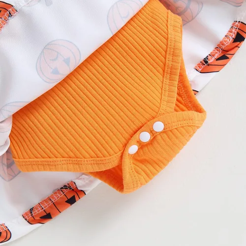 Vista 4 de Vestido de Halloween para recién nacido, con volantes, manga larga, lazo, estampado de calabaza, falda, dobladillo, diadema