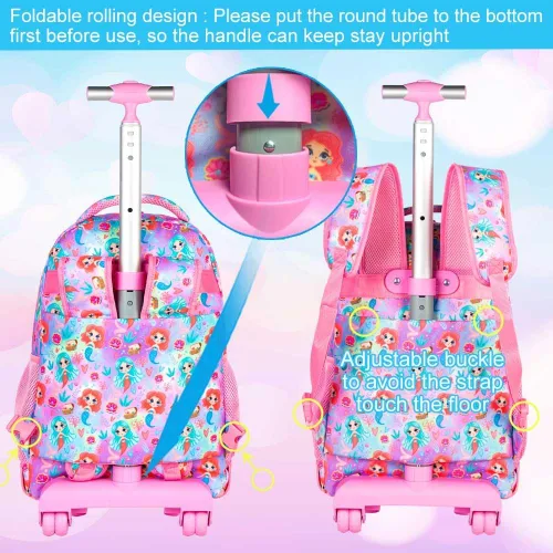 Vista 2 de gxtvo Mochila con ruedas de 3 piezas para niños, bonita mochila escolar con ruedas, resistente al agua para escuela primaria, Juego rodante sirena