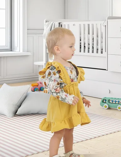 Vista 4 de ATEUNO Newborn Baby Girl Clothes Long Sleeve Floral Romper Tops Ruffle Suspender Skirt Set Infant Overall Dress Fall Outfits