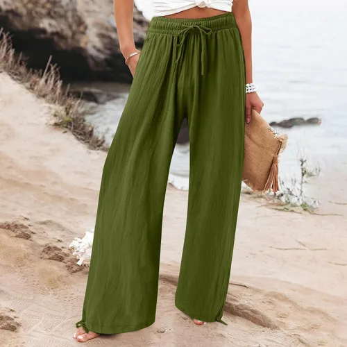 Vista 2 de SHAOBGE Pantalones palazzo de verano para mujer, cintura alta, pierna ancha, casual, cintura elástica, pantalones de playa con bolsillos