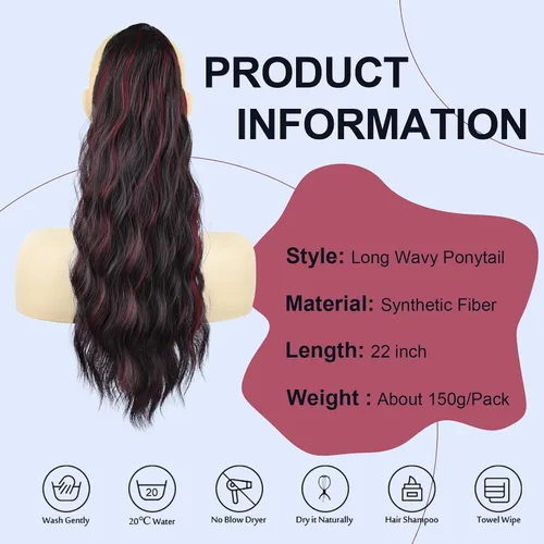 Vista 5 de FREEMEIGE Extensión de Cola de Caballo de 22 Pulgadas Negro Mezclado con Burdeos Larga Ondulada con Cordón Extensión de Cola de Caballo para Mujeres