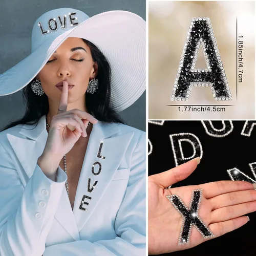 Vista 3 de Yinder 26 piezas de pegatinas de letras con purpurina y diamantes de imitación, diamantes de imitación para planchar, letras autoadhesivas A-Z Negro