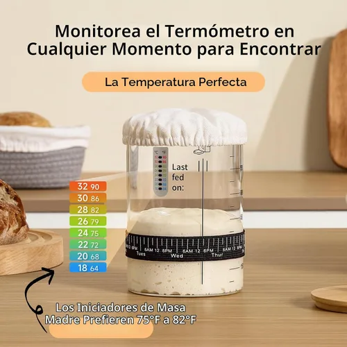 Vista 3 de HomeFeel Tarro Premium para Masa Madre - Tarro de Vidrio Grande de 34 Oz con Tapa de Bambú, Cubierta de Tela, Rastreador de Fechas, Termómetro