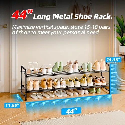 Vista 7 de Zapatero de 2 niveles para armario, organizador de almacenamiento de zapatos extra largo de 44 pulgadas para estantes, metal resistente, fácil Negro