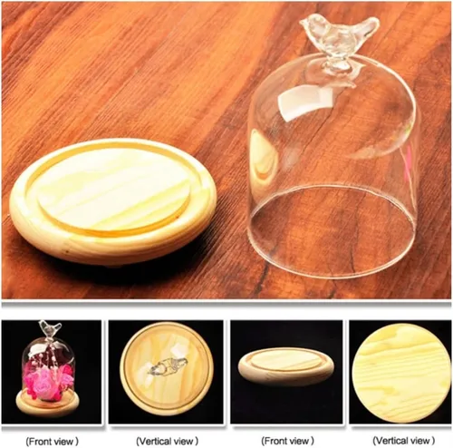 Vista 5 de Vitrina de cristal transparente con mango de pájaro, base de madera, tarro de vidrio transparente con base de bambú