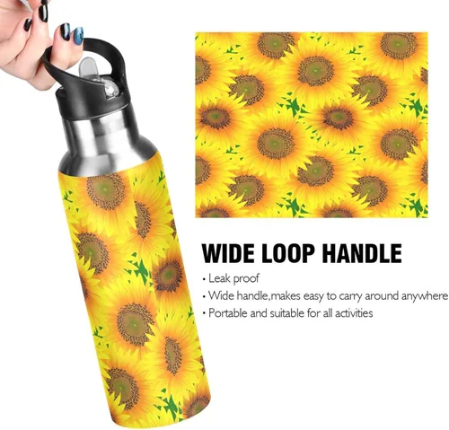 Vista 4 de BPA-Free Sports Water Bottle with Straw 32 Oz, Stainless Steel Water Bottle for Gym Outdoor Travel School, Vibrant Sunflowers Bright Yellow