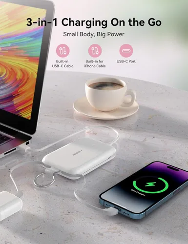 Vista 4 de RORRY CharmGo - Cargador portátil, 10000 mAh PD 30 W, cargador portátil de carga rápida con cables integrados, llavero de viaje para iPhone Negro
