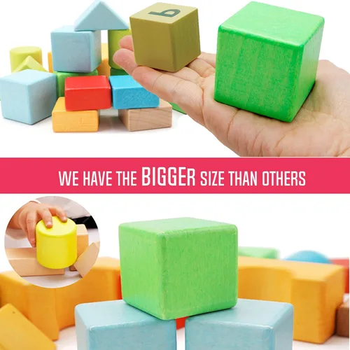 Vista 2 de Migargle Juego de bloques de construcción de madera grande - Juguetes educativos de aprendizaje preescolar con bolsa de transporte, bloques