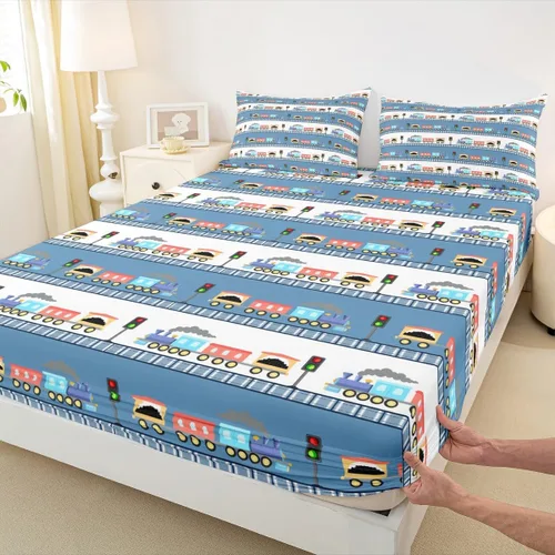 Vista 5 de Erosebridal Juego de sábanas para cama de camión, diseño de tren de dibujos animados, tamaño individual, para niños, sábanas bajeras con estampado