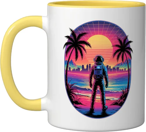 Vista 19 de Vaporwave Synthwave Astronaut Spaceman Science Space Ceramic Mug, Black/White, 11oz