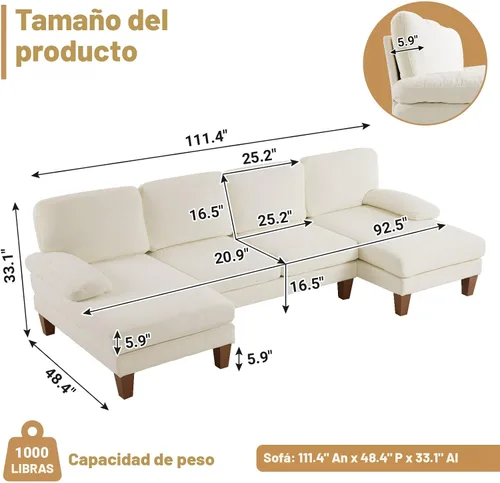 Vista 2 de VINGLI Sofá modular de 110 pulgadas para sala de estar, sofá en forma de U con diván doble, juego de sofá de 4 asientos con tela de felpilla