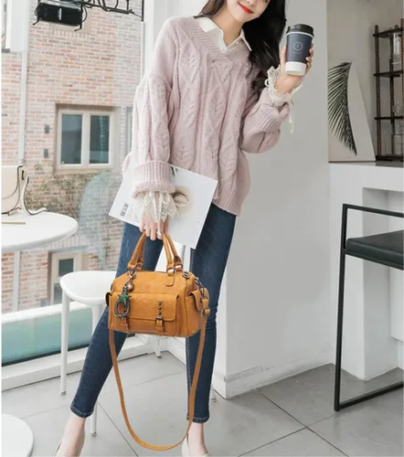 Vista 2 de Bolsos de mano de cuero genuino a la moda para mujer, bolso de hombro cruzado con asa superior, bolso de trabajo casual para damas