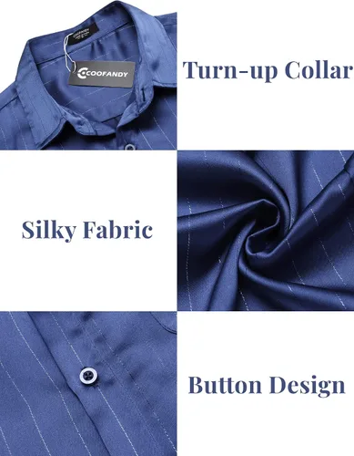 Vista 4 de COOFANDY Camisas de vestir de seda de manga corta para hombre, camisas casuales de satén con botones y bolsillo, para fiesta, graduación, boda