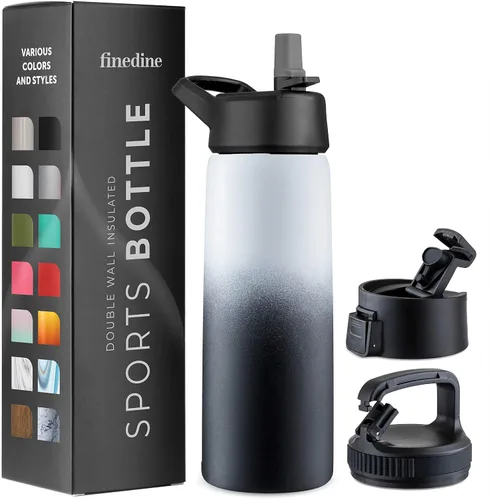 Vista 21 de FineDine Botellas de agua aisladas de triple pared con popote, botella de metal de acero inoxidable de 25 onzas con 3 tapas a prueba de fugas